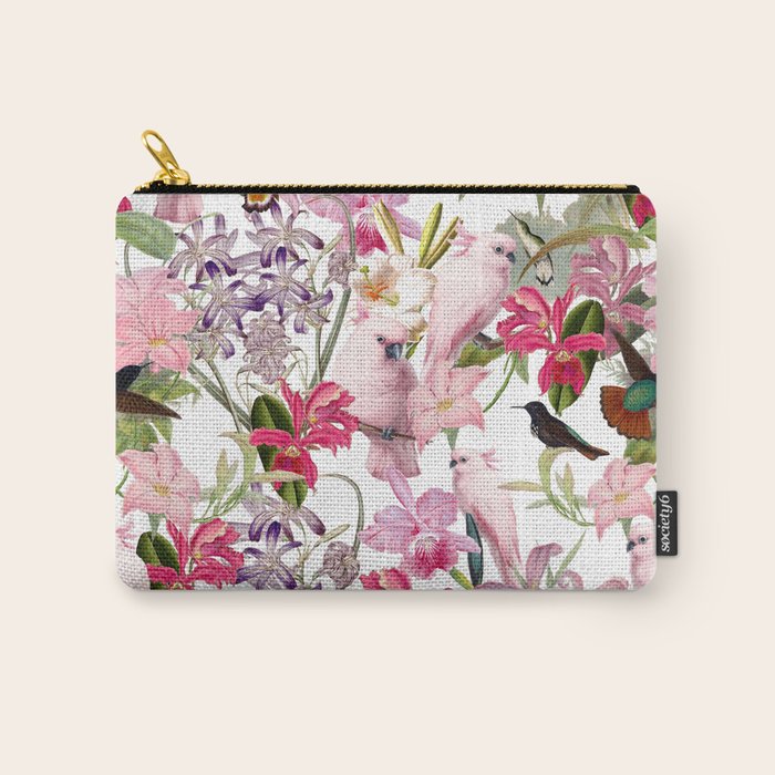 Vintage & Shabby Chic Pink Cockatoo Tropical Flower Jungle Carry All Pouch Gallery Image 1