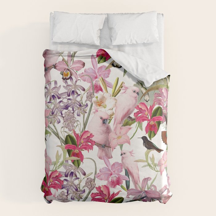 Vintage & Shabby Chic Pink Cockatoo Tropical Flower Jungle Duvet Cover Gallery Image 6