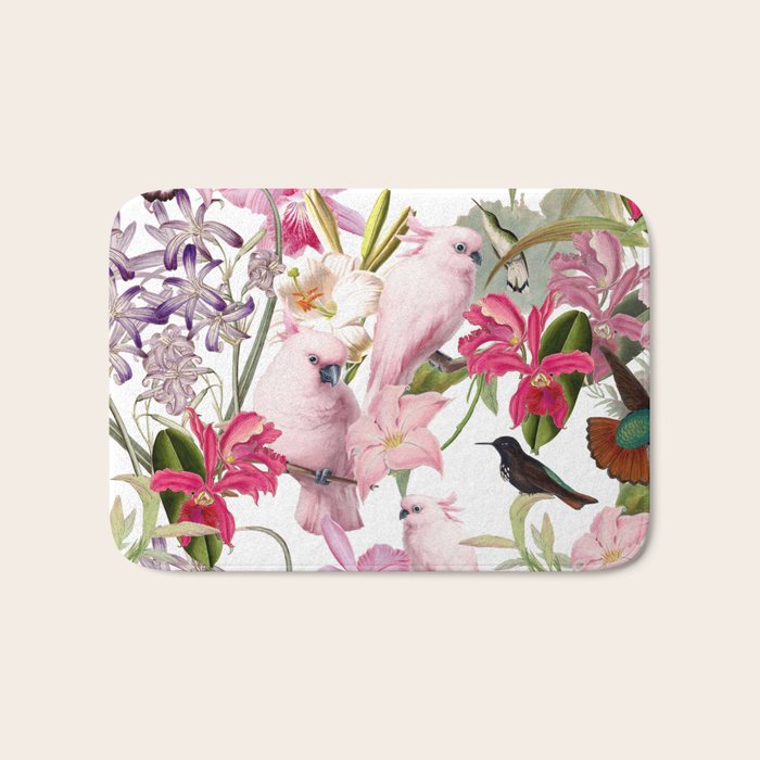 Vintage & Shabby Chic Pink Cockatoo Tropical Flower Jungle Bath Mat Gallery Image 1
