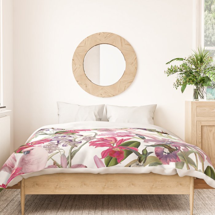Vintage & Shabby Chic Pink Cockatoo Tropical Flower Jungle Duvet Cover Gallery Image 3
