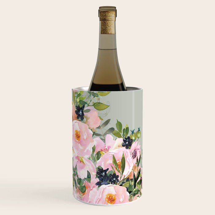 Floral Watercolor, Roses, Green and Pink Wine Chiller Gallery Image 1