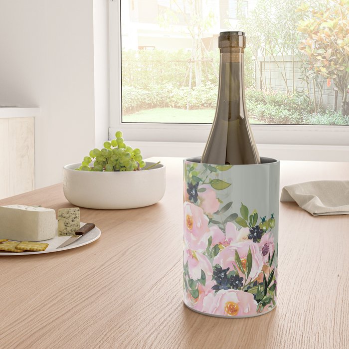 Floral Watercolor, Roses, Green and Pink Wine Chiller Gallery Image 4