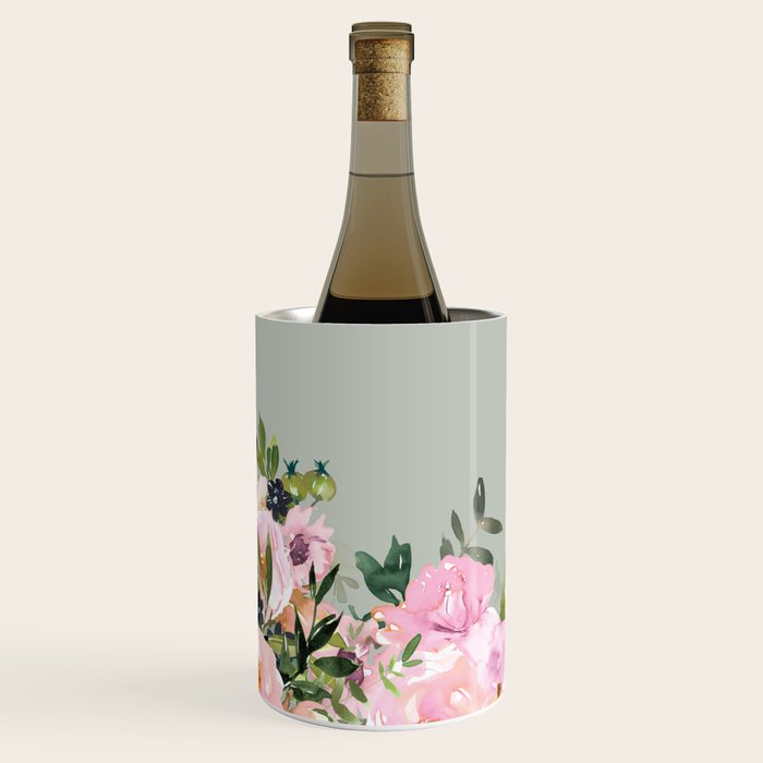 Floral Watercolor, Roses, Green and Pink Wine Chiller Gallery Image 3