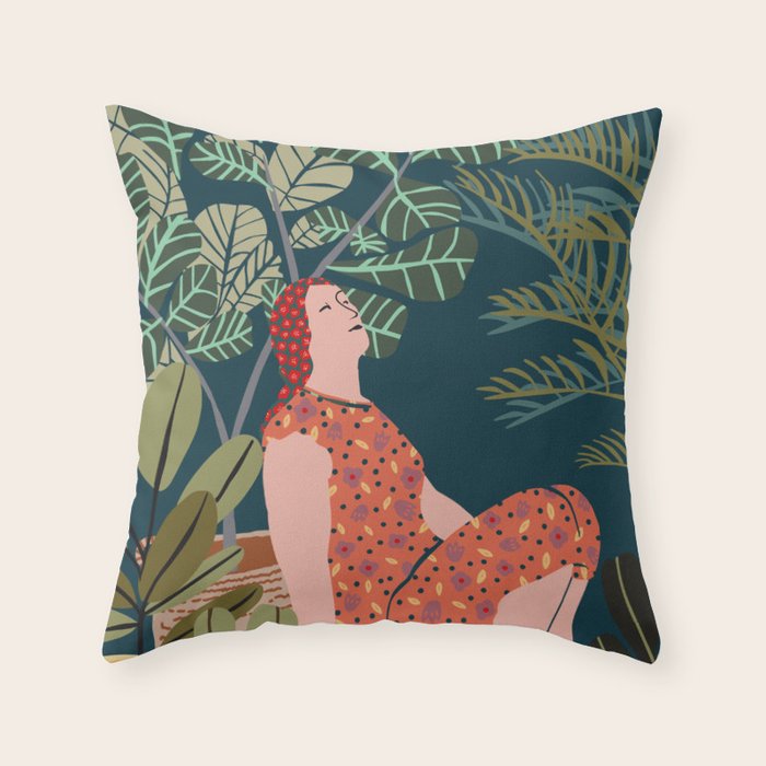 Inhale green  - jungle night at home Throw Pillow Gallery Image 1
