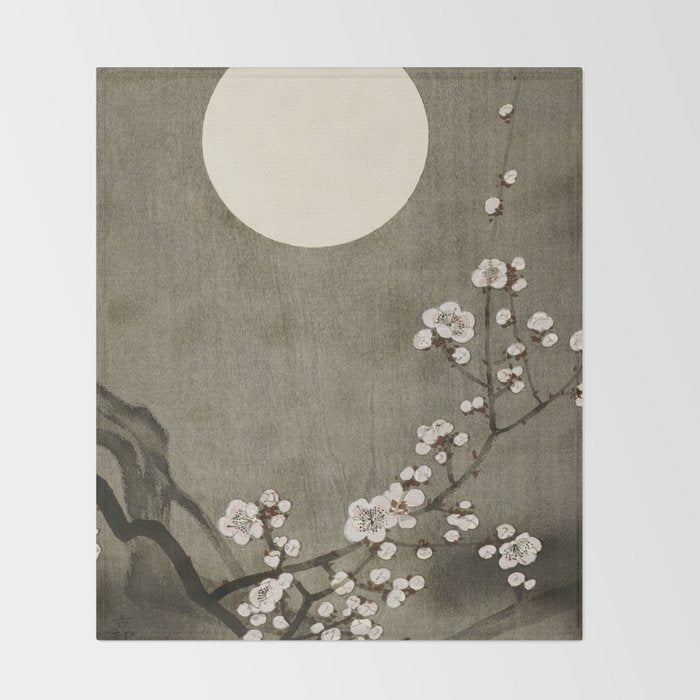 Blossoming plum tree at full moon  - Vintage Japanese Woodblock Print Art Throw Blanket Gallery Image 2