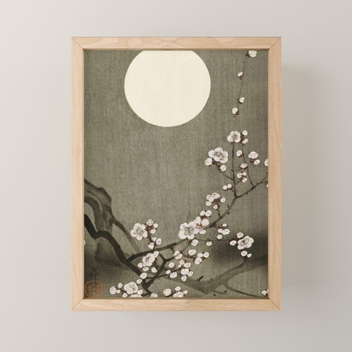 Blossoming plum tree at full moon  - Vintage Japanese Woodblock Print Art Mini Art Print Gallery Image 1