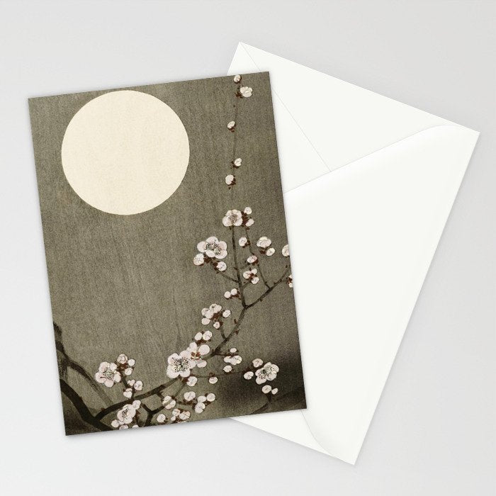 Blossoming plum tree at full moon  - Vintage Japanese Woodblock Print Art Stationery Card Gallery Image 2