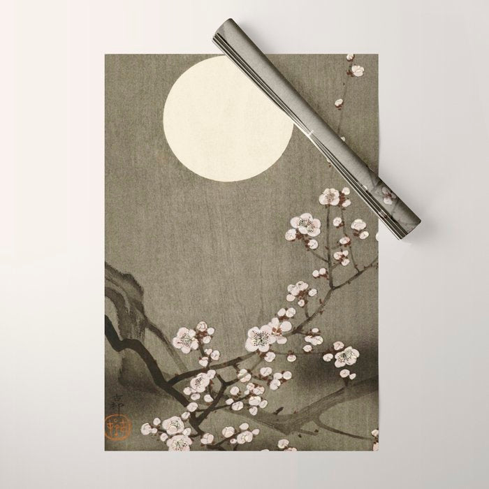 Blossoming plum tree at full moon  - Vintage Japanese Woodblock Print Art Wrapping Paper Gallery Image 1