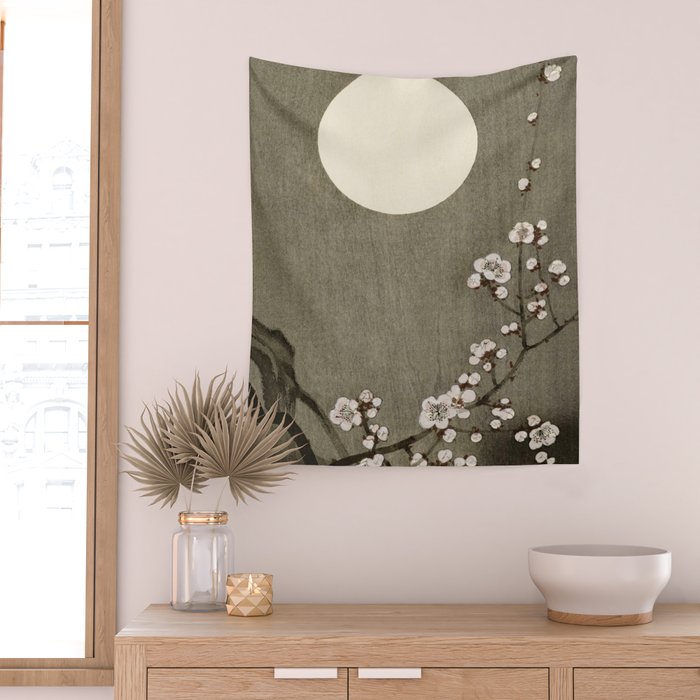 Blossoming plum tree at full moon  - Vintage Japanese Woodblock Print Art Wall Tapestry Gallery Image 2