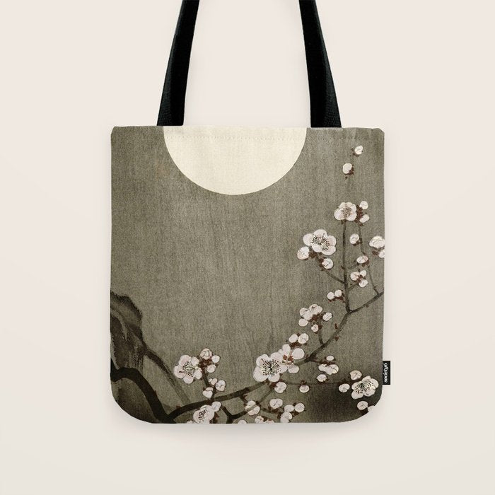 Blossoming plum tree at full moon  - Vintage Japanese Woodblock Print Art Tote Bag Gallery Image 1