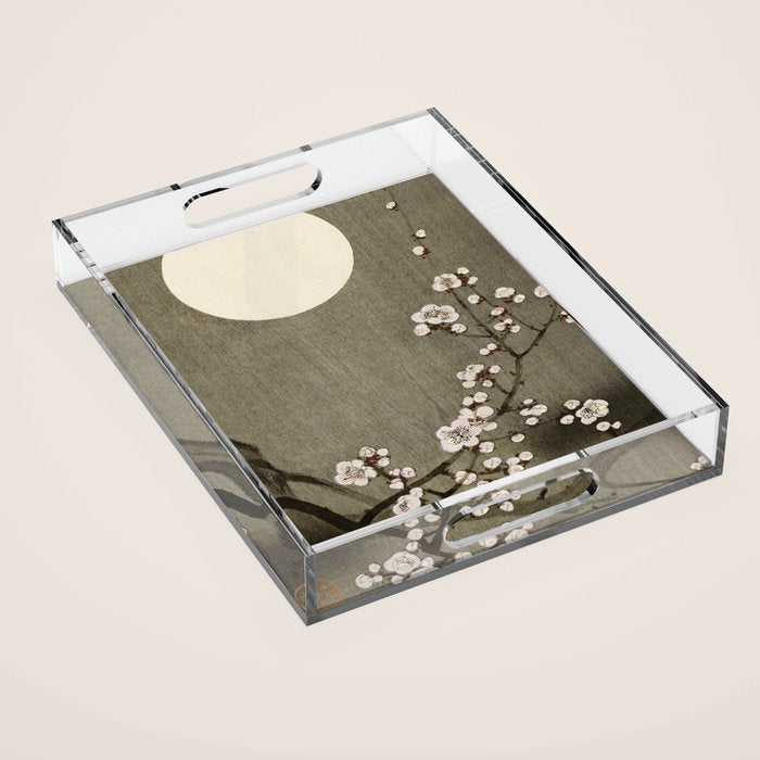 Blossoming plum tree at full moon  - Vintage Japanese Woodblock Print Art Acrylic Tray Gallery Image 1