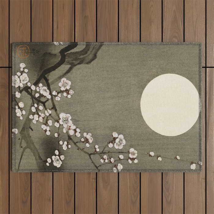 Blossoming plum tree at full moon  - Vintage Japanese Woodblock Print Art Outdoor Rug Gallery Image 1