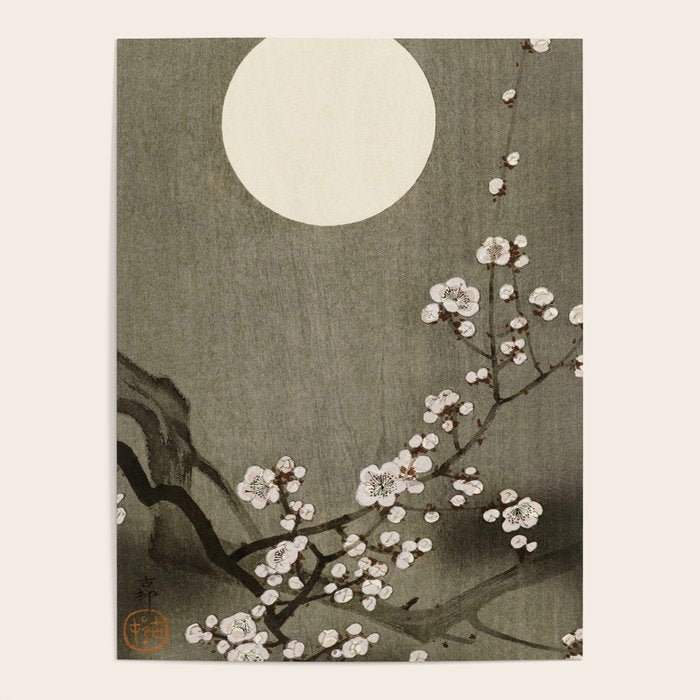 Blossoming plum tree at full moon  - Vintage Japanese Woodblock Print Art Poster Gallery Image 4