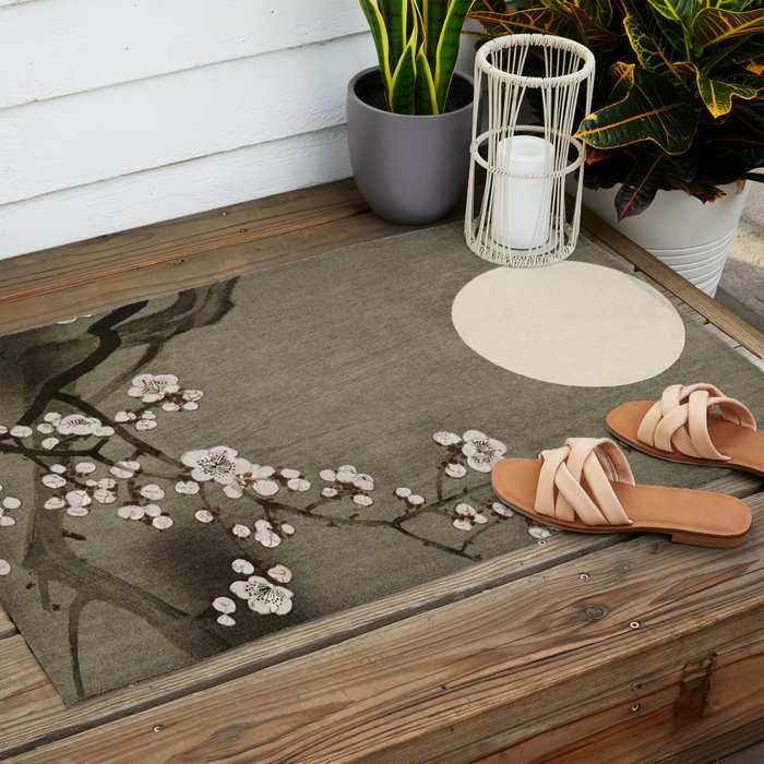 Blossoming plum tree at full moon  - Vintage Japanese Woodblock Print Art Outdoor Rug Gallery Image 2