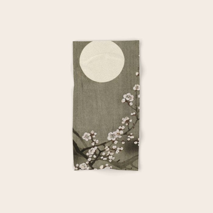 Blossoming plum tree at full moon  - Vintage Japanese Woodblock Print Art Bath Towel Gallery Image 1