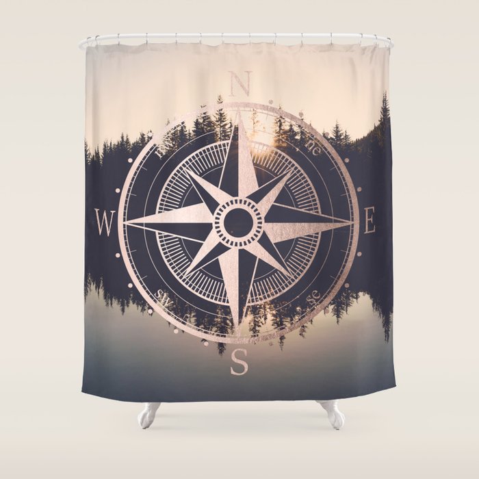Rose Gold Compass Forest Shower Curtain Gallery Image 1