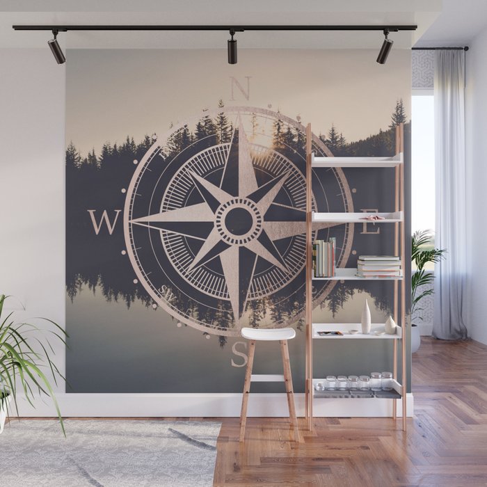 Rose Gold Compass Forest Wall Mural Gallery Image 1