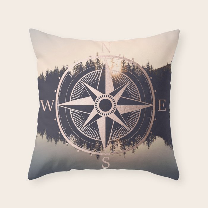 Rose Gold Compass Forest Throw Pillow Gallery Image 6