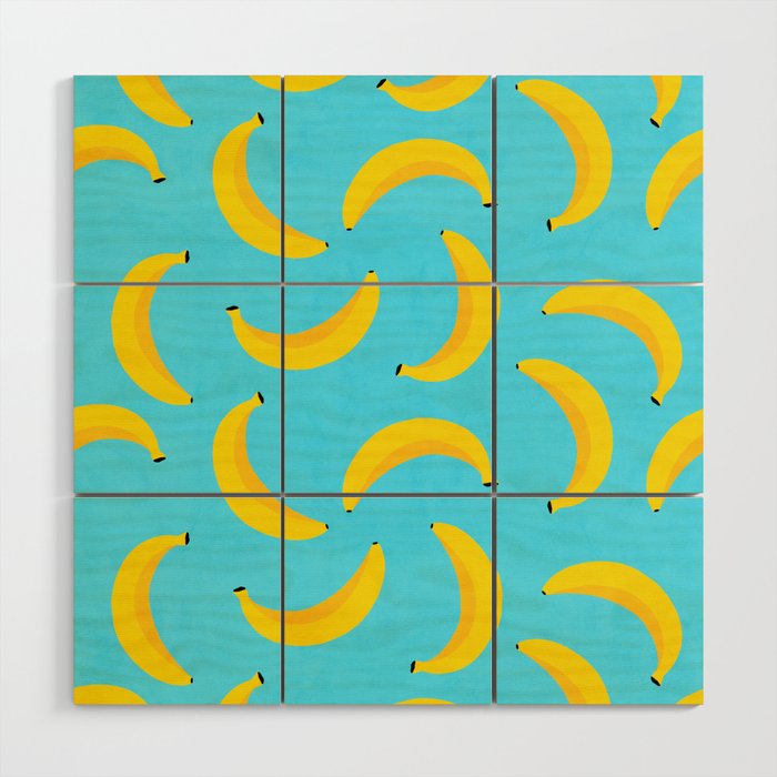 Minimal bold and vibrant banana pattern yellow on blue Wood Wall Art Gallery Image 1