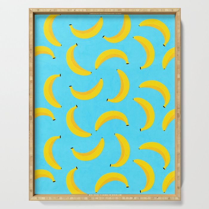 Minimal bold and vibrant banana pattern yellow on blue Serving Tray Gallery Image 1