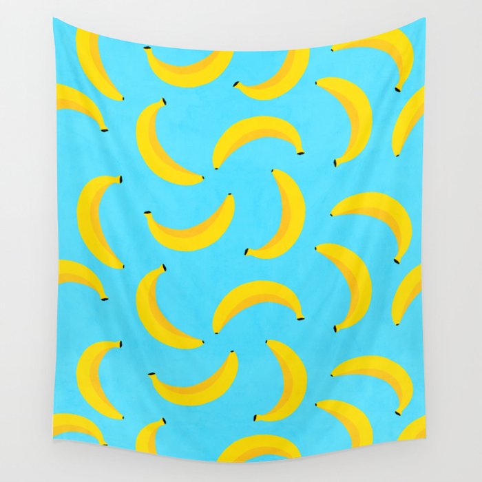 Minimal bold and vibrant banana pattern yellow on blue Wall Tapestry Gallery Image 4
