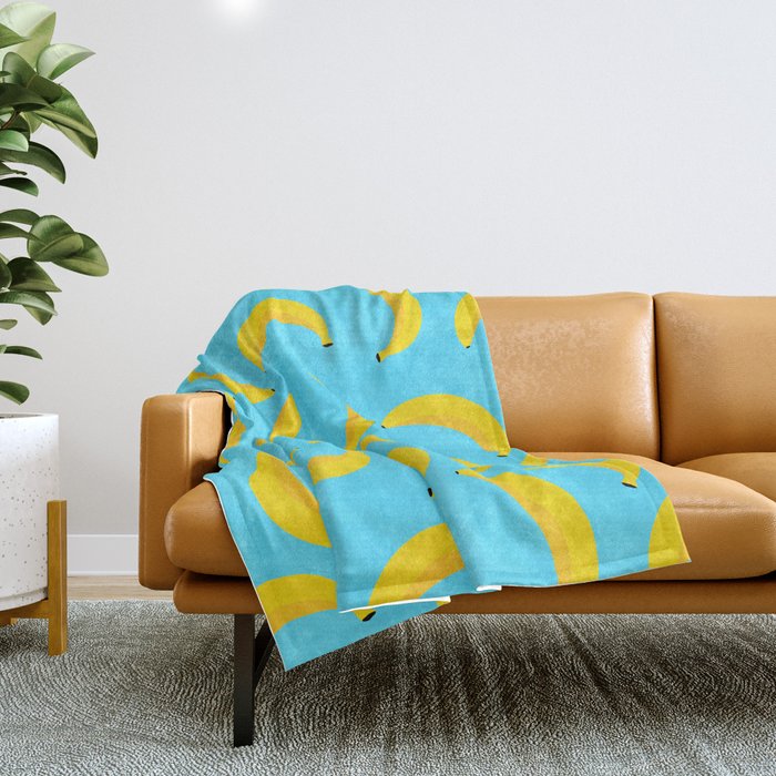 Minimal bold and vibrant banana pattern yellow on blue Throw Blanket Gallery Image 1