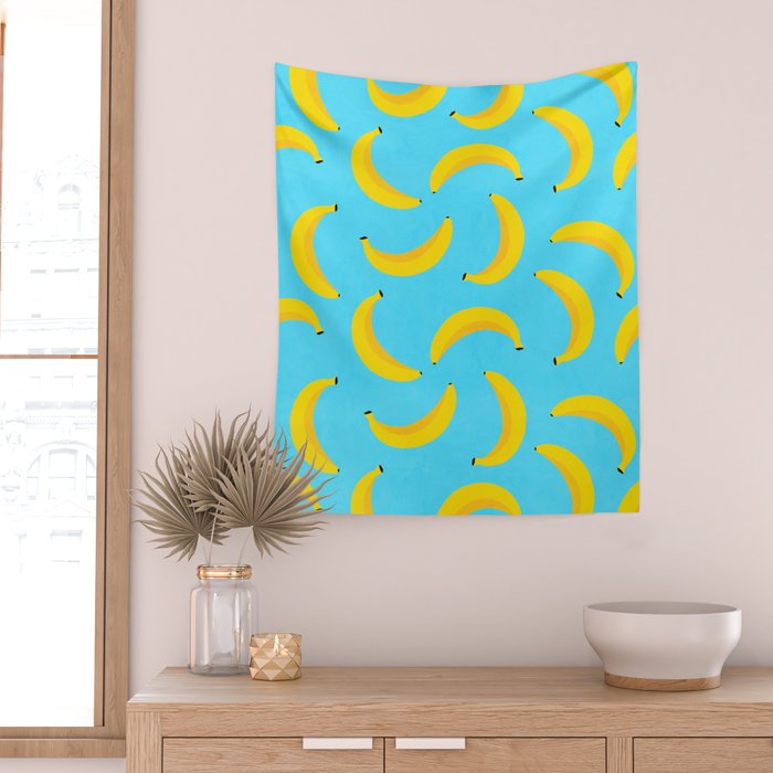Minimal bold and vibrant banana pattern yellow on blue Wall Tapestry Gallery Image 2