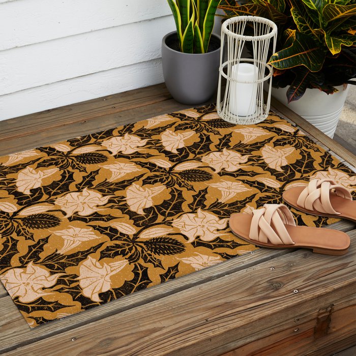 Moon Flower - Black, gold, peach pink Outdoor Rug Gallery Image 2