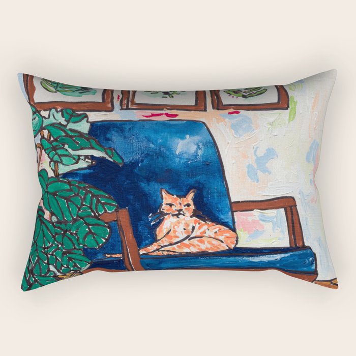 Ginger Cat on Blue Mid Century Chair Painting Rectangular Pillow Gallery Image 2