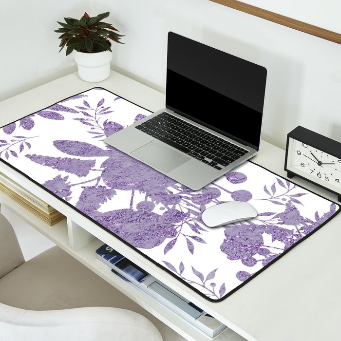 Elegant Lavender Purple White Glitter Floral Desk Mat Gallery Image 2