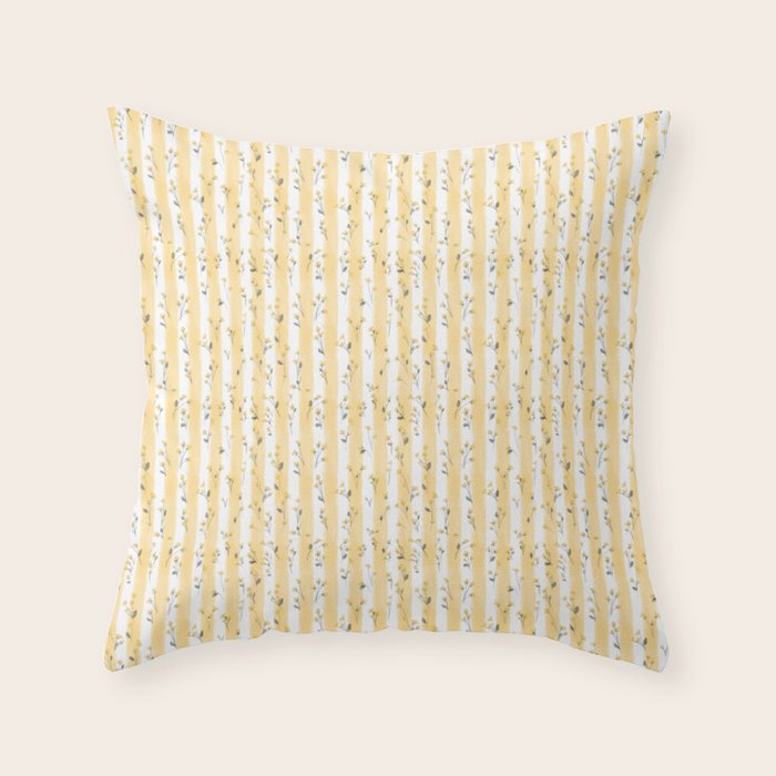 Buttercup Yellow Flower Blossoms on Butter Yellow Streaky Stripes Throw Pillow Gallery Image 1