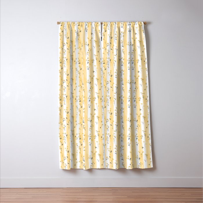 Buttercup Yellow Flower Blossoms on Butter Yellow Streaky Stripes Window Curtain Gallery Image 3