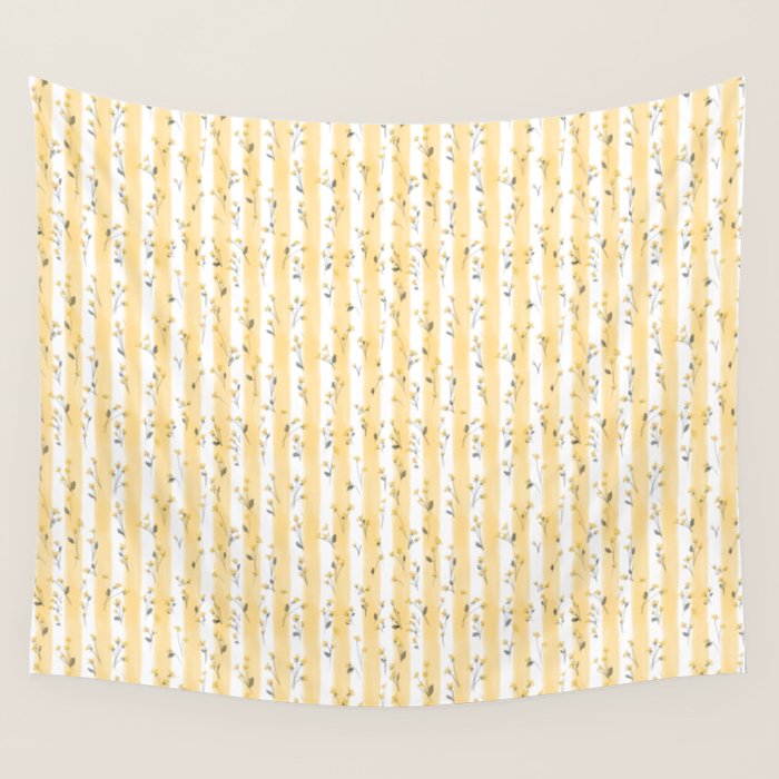 Buttercup Yellow Flower Blossoms on Butter Yellow Streaky Stripes Wall Tapestry Gallery Image 4