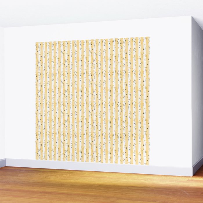 Buttercup Yellow Flower Blossoms on Butter Yellow Streaky Stripes Wall Mural Gallery Image 2