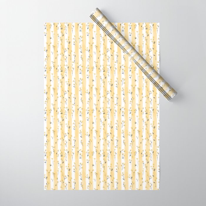 Buttercup Yellow Flower Blossoms on Butter Yellow Streaky Stripes Wrapping Paper Gallery Image 1