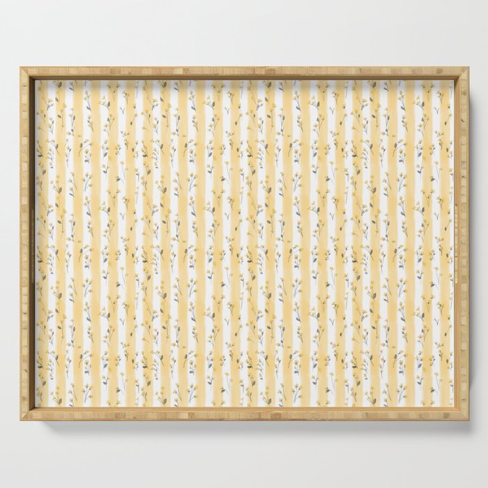 Buttercup Yellow Flower Blossoms on Butter Yellow Streaky Stripes Serving Tray Gallery Image 1