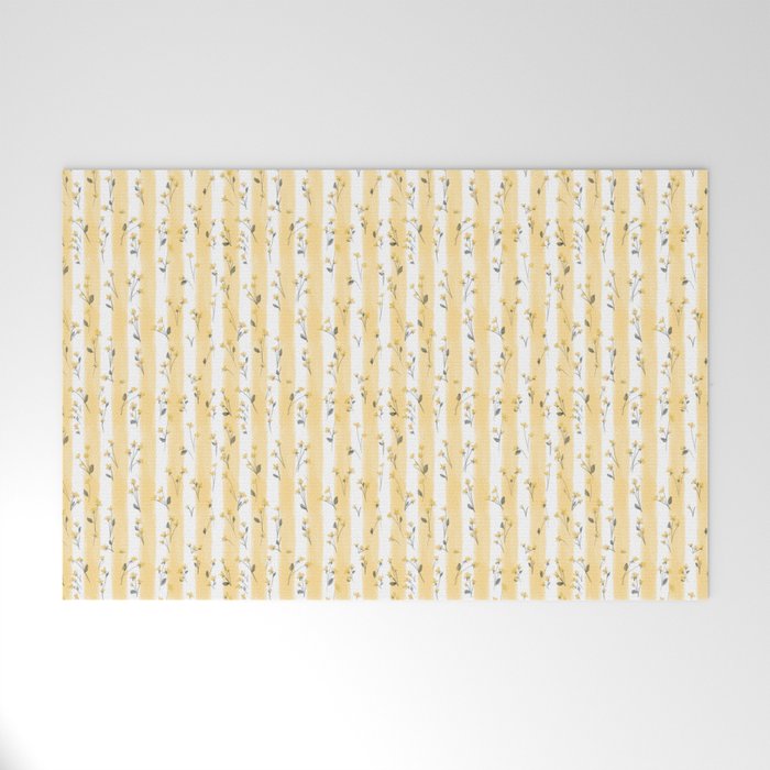 Buttercup Yellow Flower Blossoms on Butter Yellow Streaky Stripes Welcome Mat Gallery Image 1