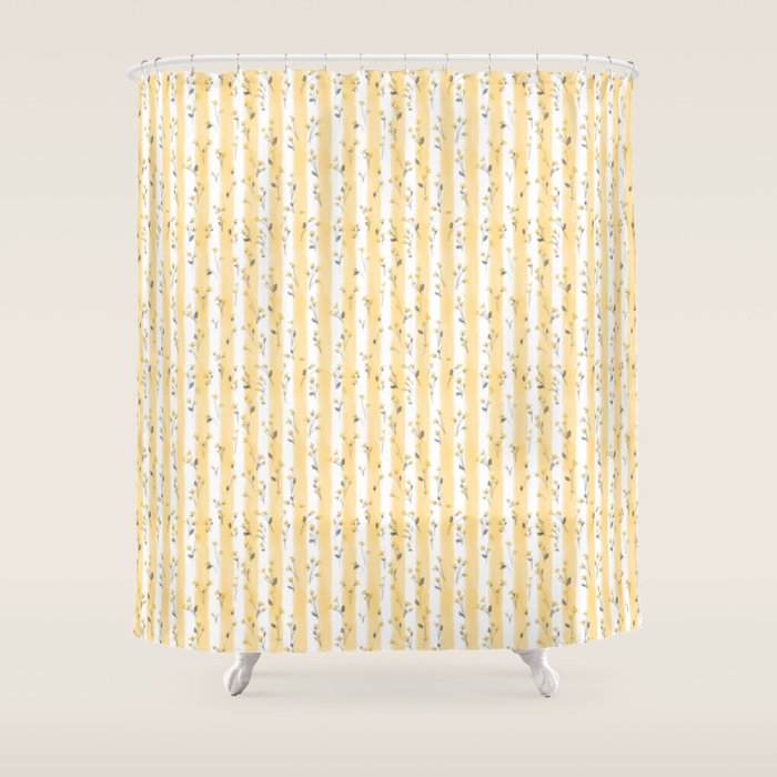 Buttercup Yellow Flower Blossoms on Butter Yellow Streaky Stripes Shower Curtain Gallery Image 1