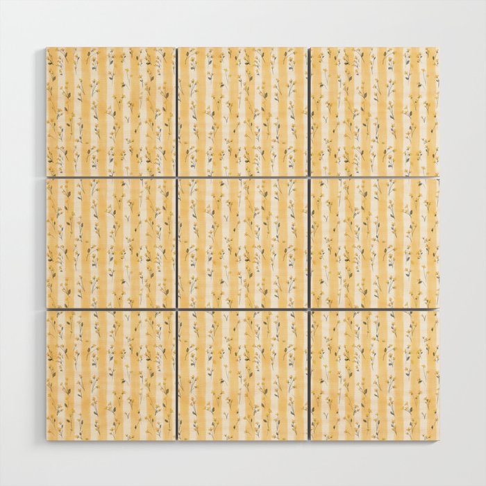 Buttercup Yellow Flower Blossoms on Butter Yellow Streaky Stripes Wood Wall Art Gallery Image 1