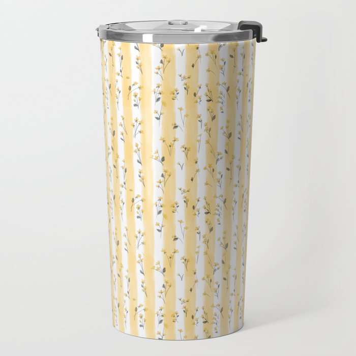 Buttercup Yellow Flower Blossoms on Butter Yellow Streaky Stripes Travel Mug Gallery Image 2