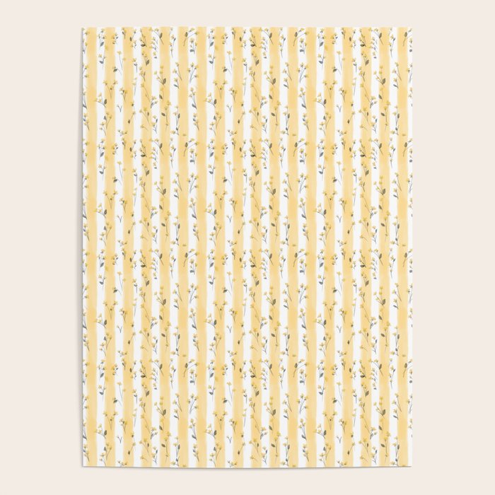 Buttercup Yellow Flower Blossoms on Butter Yellow Streaky Stripes Poster Gallery Image 1