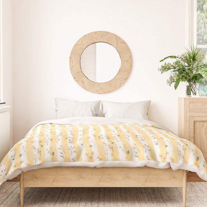 Buttercup Yellow Flower Blossoms on Butter Yellow Streaky Stripes Duvet Cover Gallery Image 3