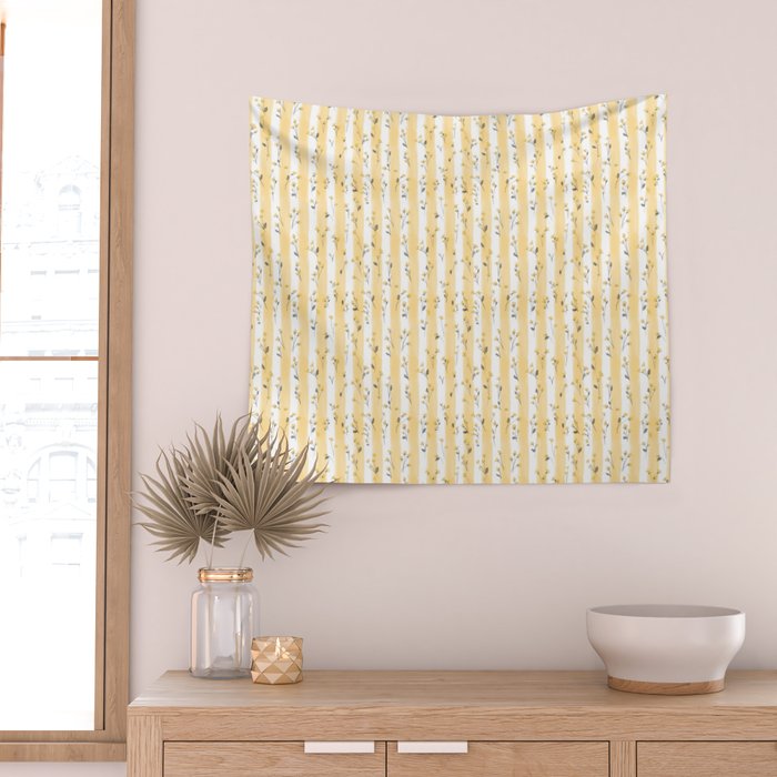 Buttercup Yellow Flower Blossoms on Butter Yellow Streaky Stripes Wall Tapestry Gallery Image 2
