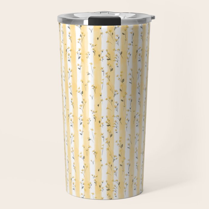 Buttercup Yellow Flower Blossoms on Butter Yellow Streaky Stripes Travel Mug Gallery Image 1