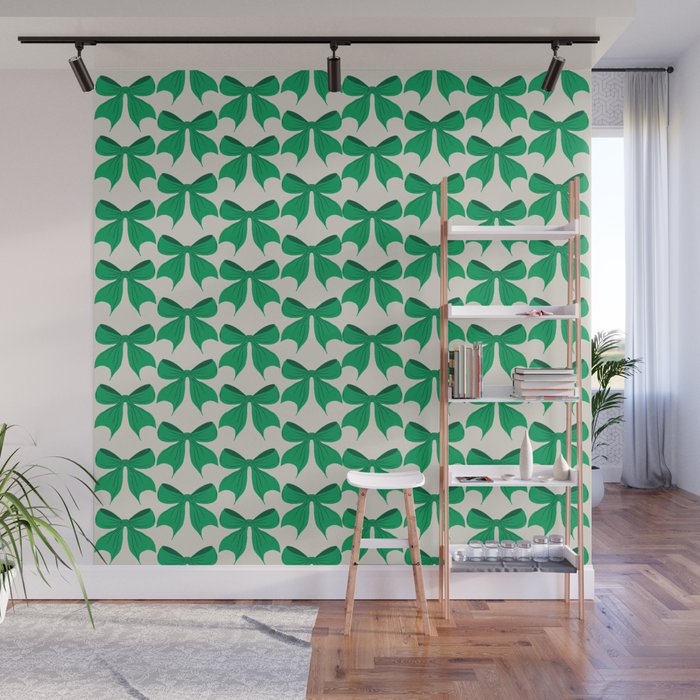 Elegant Green Bow Pattern - Festive Holiday Design Wall Mural Gallery Image 1