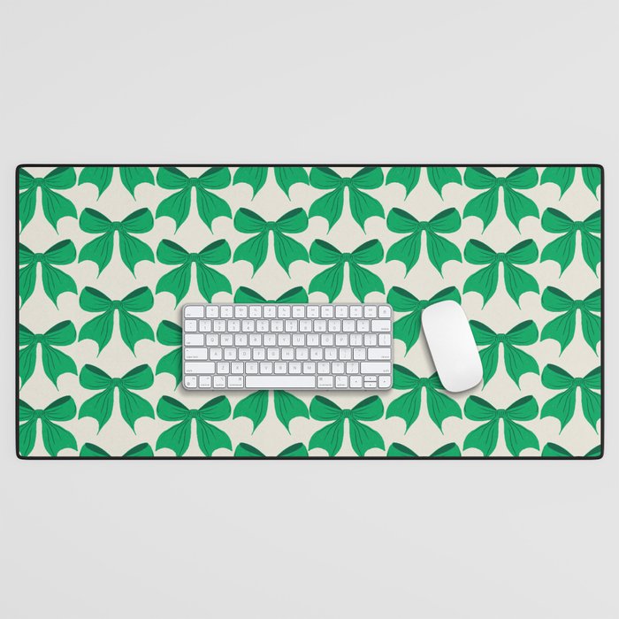 Elegant Green Bow Pattern - Festive Holiday Design Desk Mat Gallery Image 1
