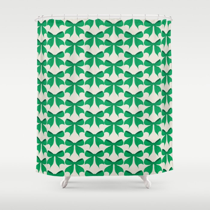 Elegant Green Bow Pattern - Festive Holiday Design Shower Curtain Gallery Image 1