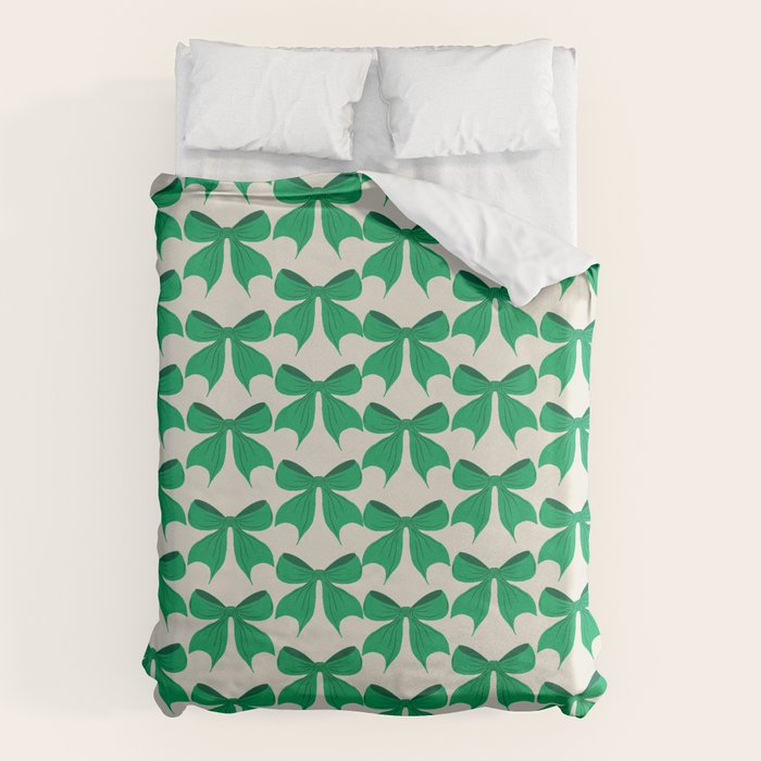 Elegant Green Bow Pattern - Festive Holiday Design Duvet Cover Gallery Image 6