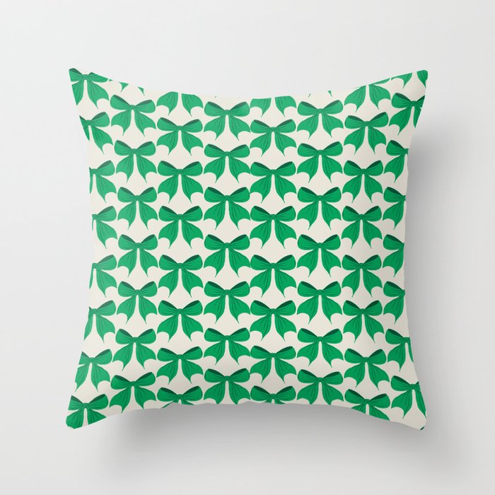 Elegant Green Bow Pattern - Festive Holiday Design Throw Pillow Gallery Image 6