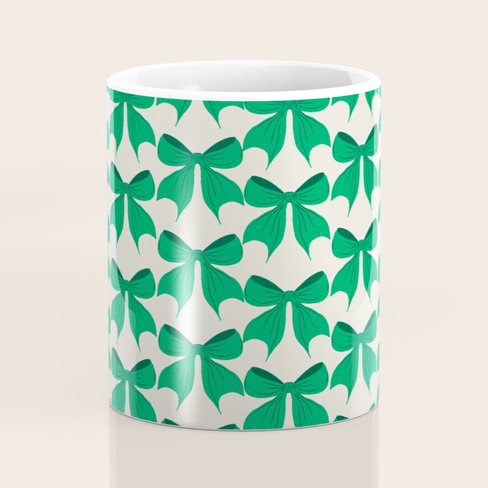 Elegant Green Bow Pattern - Festive Holiday Design Coffee Mug Gallery Image 4